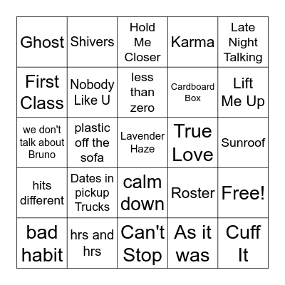 2022 music bingo Card