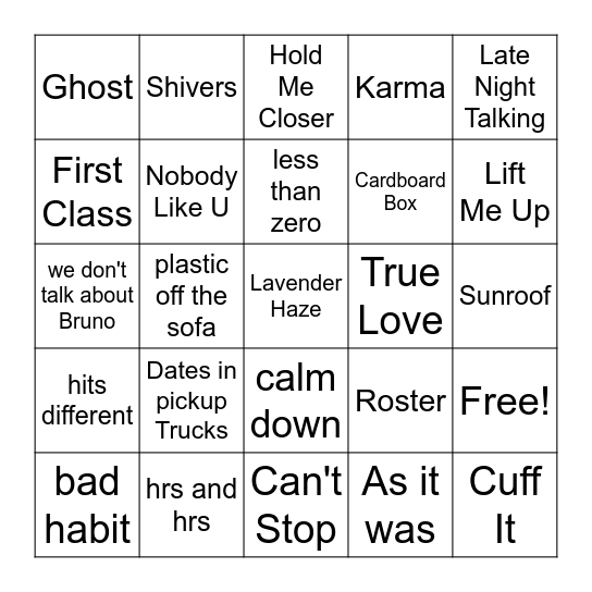 2022 music bingo Card