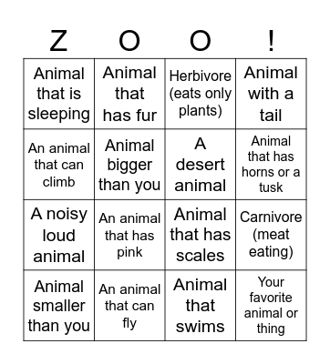 Zoo Scavenger Hunt Bingo Card