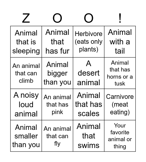 Zoo Scavenger Hunt Bingo Card