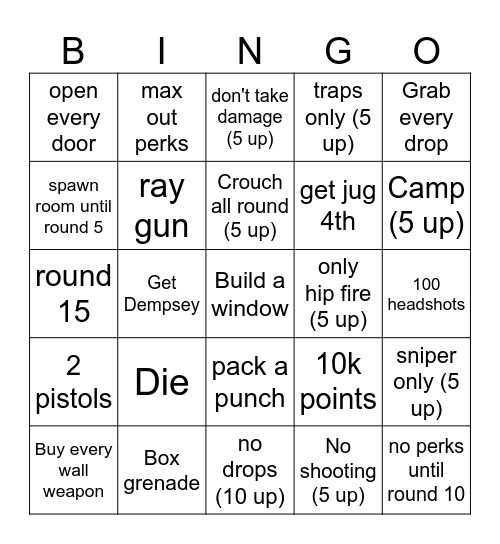 COD Zombie Bingo Card