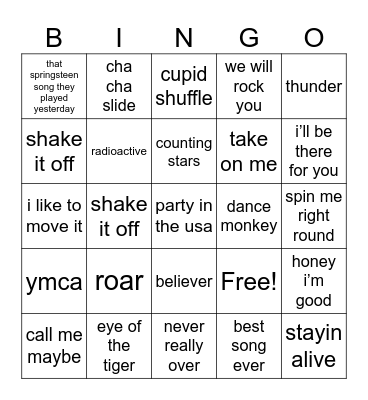 CVR Songs Bingo Card