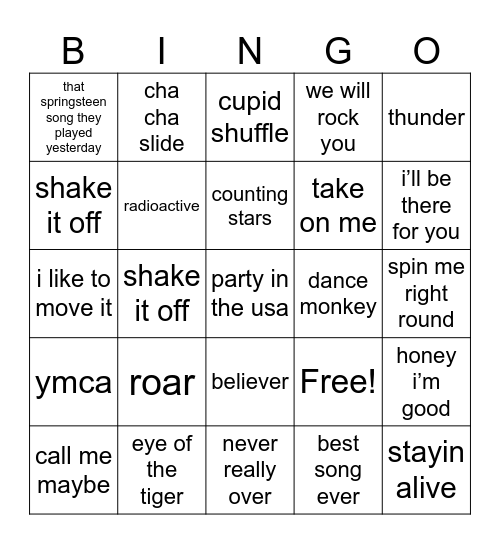 CVR Songs Bingo Card
