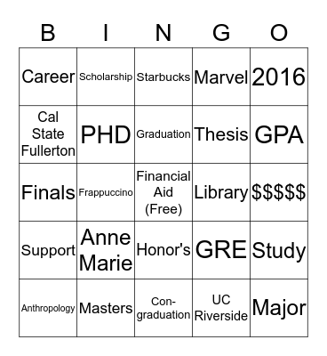 Anne Marie's Graduation  Bingo Card