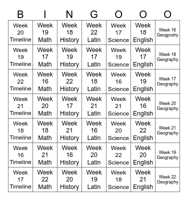 Week 16-22 Review Bingo Card
