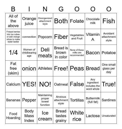 Healthy Eating and Portions Bingo Card