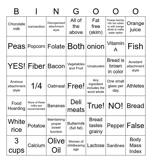 Healthy Eating and Portions Bingo Card