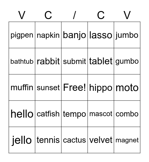 Multisyllabic BINGO Card