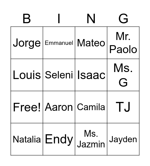 Me and my class Bingo Card