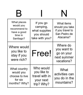 Going Away Questions? Bingo Card