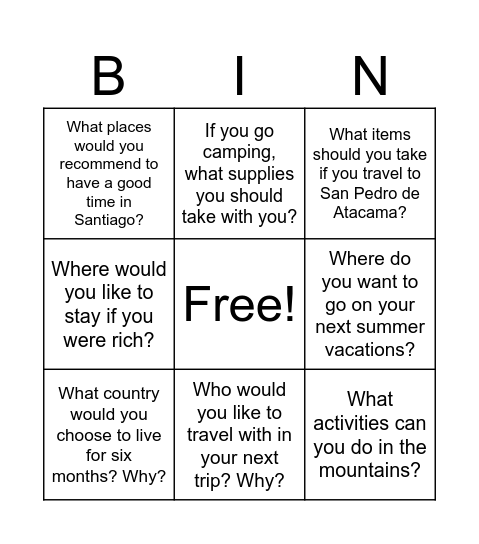 Going Away Questions? Bingo Card