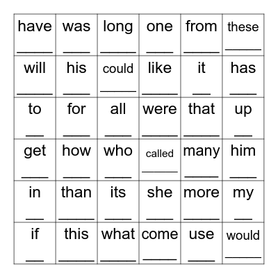 Sight Words Bingo Card