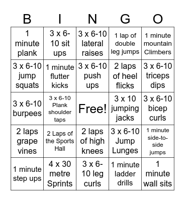 Fitness Bingo Card