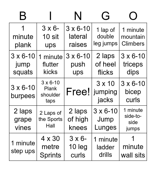 Fitness Bingo Card