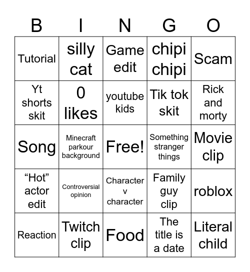 YouTube shorts Bingo Card