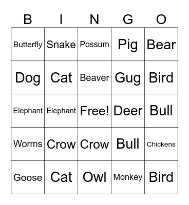 Animal Idiom Bingo Card