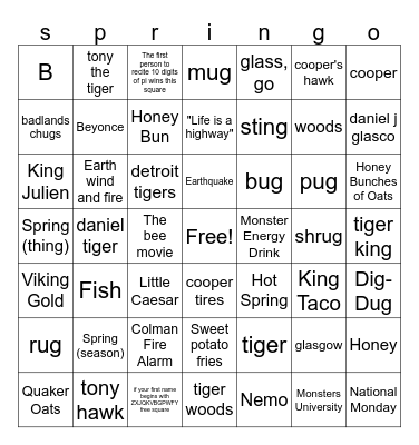 SPRINGO Bingo Card