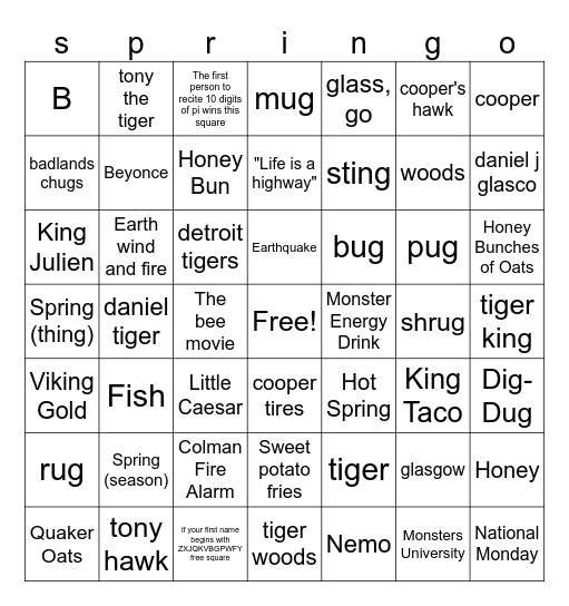 SPRINGO Bingo Card