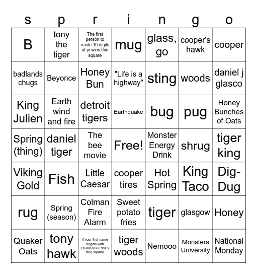 SPRINGO Bingo Card