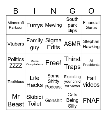 Youtube Shorts Bingo Card