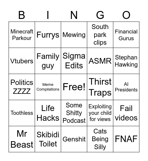 Youtube Shorts Bingo Card