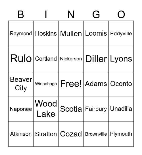 Nebraska Cities Bingo Card