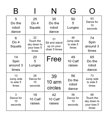 Fitness Bingo Card