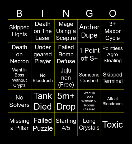 F7 Run Bingo Card