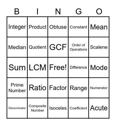 MATH VOCABULARY Bingo Card