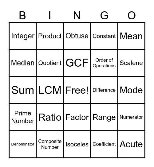 MATH VOCABULARY Bingo Card