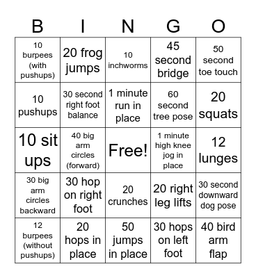Fitness Bingo Card
