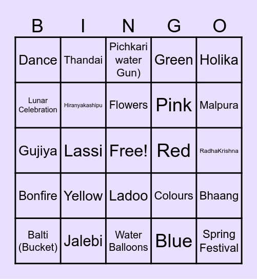 Holi Bingo Card