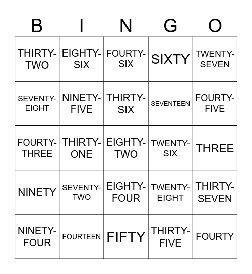 NUMBERS (1 to 100) Bingo Card