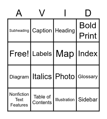 Nonfiction Text Features Bingo Card