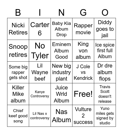 Rap 2024 Bingo Card