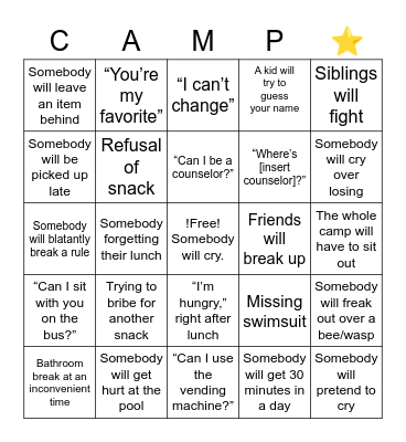 Summer Camp Bingo Card