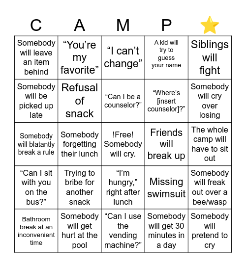 Summer Camp Bingo Card