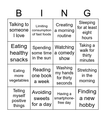 Healthy Habits Bingo Card Bingo Card