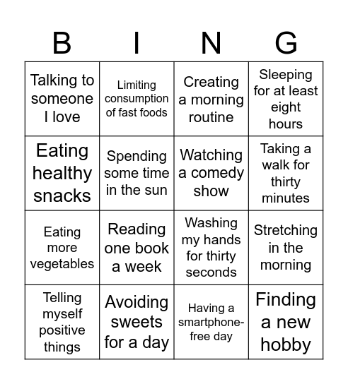 Healthy Habits Bingo Card Bingo Card