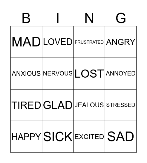 FEELINGS Bingo Card