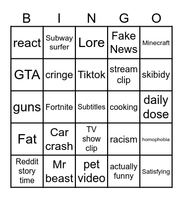 YT Shorts Cancer Bingo Card