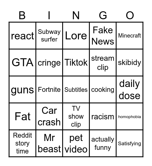 YT Shorts Cancer Bingo Card