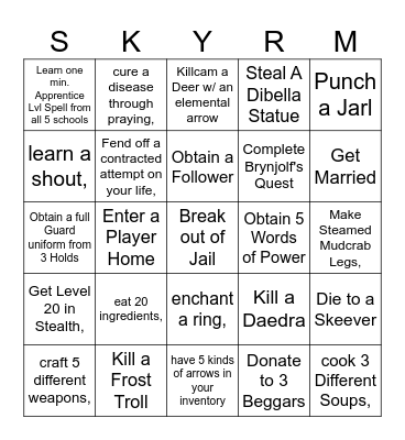 Skyrim Random Bingo :) Bingo Card