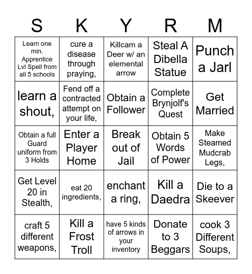 Skyrim Random Bingo :) Bingo Card