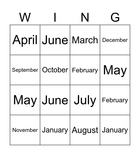 Months of the Year Bingo Card