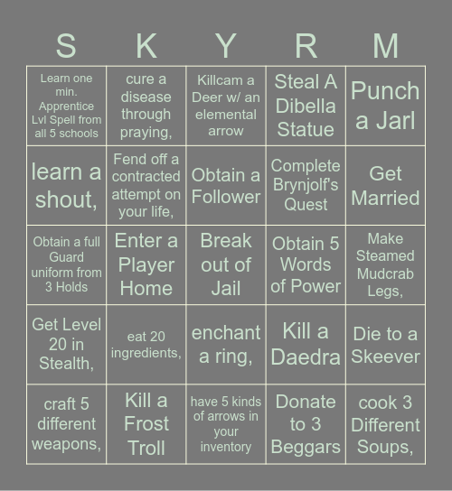 Skyrim Random Bingo :) Bingo Card