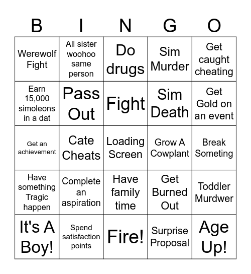 Sims 4 Occult Challenger Bingo Card