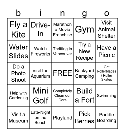 Summer Bingo Card