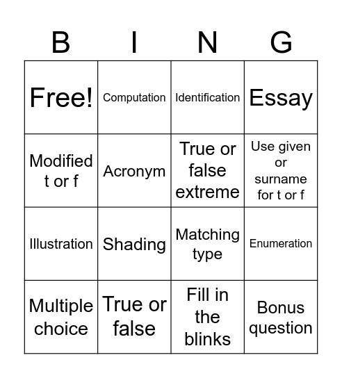 CMPM EXAM TYPE Bingo Card