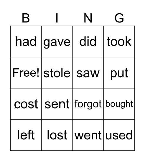 Irregular verbs Bingo Card